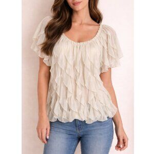 Once Again Women's White Chic Short Sleeve Ruffled Blouse Plus Size 1X